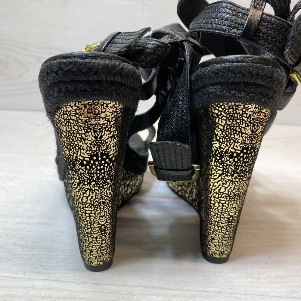 Donald J Pliner Womens 9.5M Michelle Wedge Sandals Black Gold Leather Espadrille